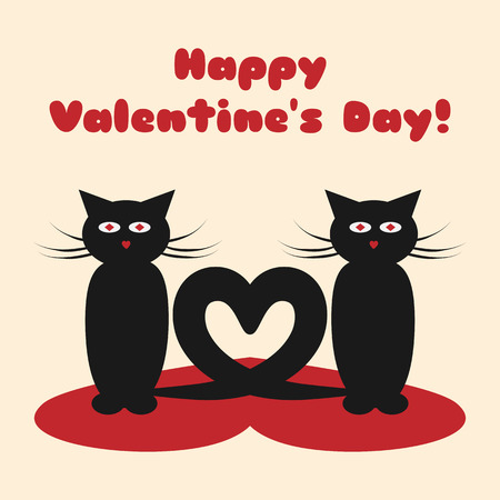A pair of cats with their tails in the form of heart. Text Happy Valentine's Day! Greeting card. Red, black.のイラスト素材