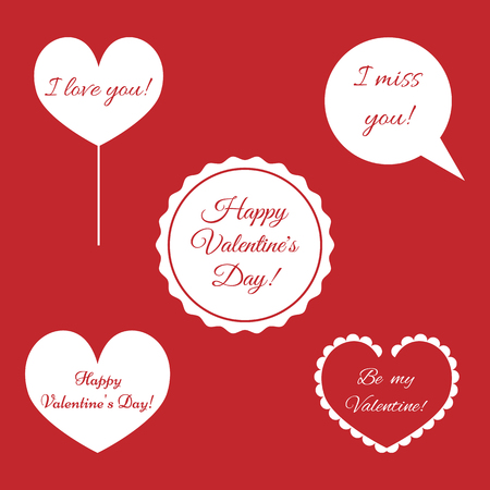 Collection of holiday stickers with the text "Happy Valentine's Day!", "I love you!", "I miss you!", "Be my Valentine!" Red, white.のイラスト素材