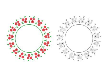 Floral round frame. Small flowers and leaves. Two color options. Red, green, gray.のイラスト素材