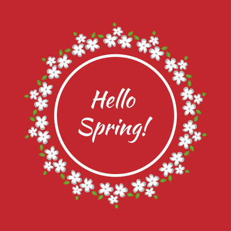 The text "Hello Spring!" in a circular floral frame. Colorful banner, poster, postcard. Red, white, gray, green.のイラスト素材