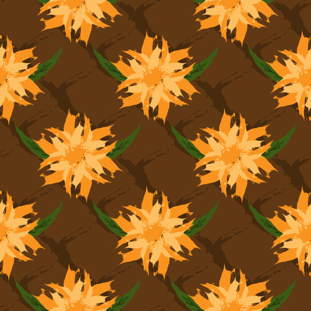 The floral ornament. Seamless pattern. Abstract flowers and leaves on the background mesh. Drawn a ragged brush. Color vector illustration. Grunge. Orange, brown, green, beige.のイラスト素材