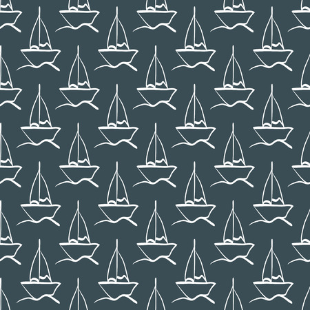 Repeated sketch of the hand of a sailboat on the waves. Seamless pattern. Vector illustration. White, blue.のイラスト素材
