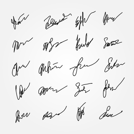 Set of abstract signatures. Unreadable autographs. Twenty isolated templates. Drawn by hand. Vector illustration.のイラスト素材