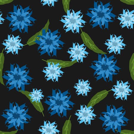 Abstract flowers and long leaves. Drawn with a rough brush. Blue, black, green.のイラスト素材