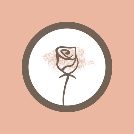 Silhouette of a rose painted by hand with thin lines. Round frame. A brush stroke. Logo, card. Pink, brown. Vector illustration.のイラスト素材