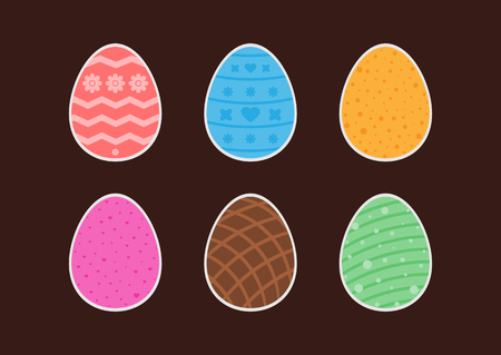 Set of stickers easter eggs with different patterns. Flower, heart, polka dot, zigzag, line. Blue, white, pink, brown, green, purple isolated symbols. Flat. Vector illustration.のイラスト素材