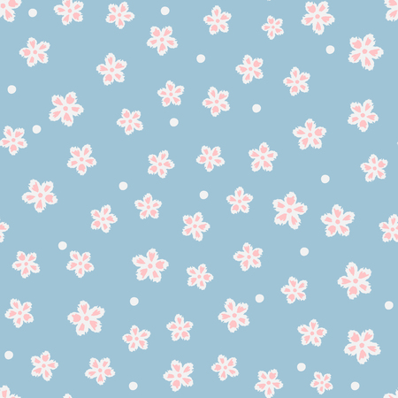 Cute floral seamless pattern. Chaotically placed single abstract flowers and dots. Blue, pink, white. Vector illustration.のイラスト素材