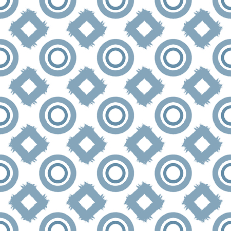 Grunge ornament painted with a rough brush. Seamless pattern with rhombuses and circles. Blue colour. Vector illustration.のイラスト素材