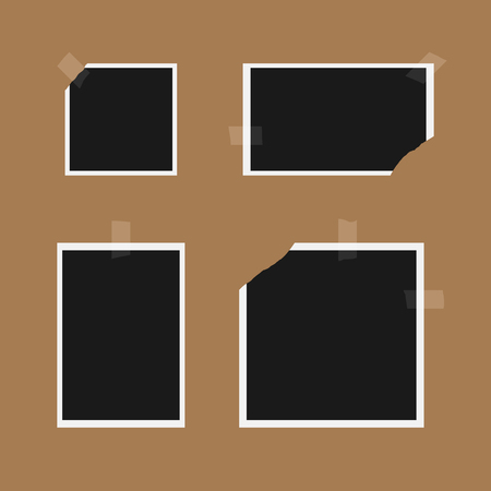 Set of retro photo templates with torn edges. Glued pieces of adhesive tape. Four elements isolated on a brown background. Square, rectangular, horizontal, vertical. Vector illustration.のイラスト素材