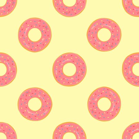 Round donuts with pink glaze. Seamless pattern. Pink, yellow, brown, blue, red. Vector illustration.のイラスト素材