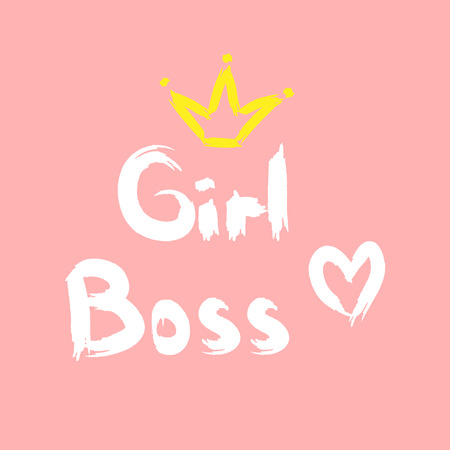 Text Girl Boss written by hand with a rough brush. Silhouette of crown and heart. Grunge. Pink, white, yellow. Vector illustration.のイラスト素材