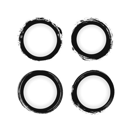 Round backgrounds drawn by a dirty brush. Set of four stained grunge frames. Vector illustration. Black, gray, white.のイラスト素材
