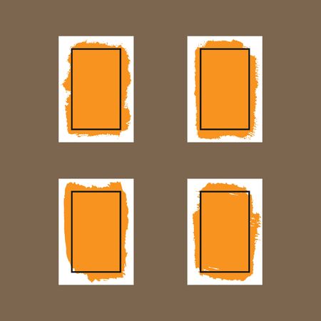 Sheets of paper with brush strokes and text frames. Set of four isolated vertical backgrounds. Templates for advertising. Vector illustration. White, orange, black.のイラスト素材