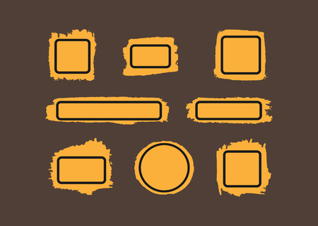 Paint stains with frames. Brush strokes with boxes for text. Rectangular, square, round. Set of eight grunge stickers isolated on a brown background. Orange, black.のイラスト素材