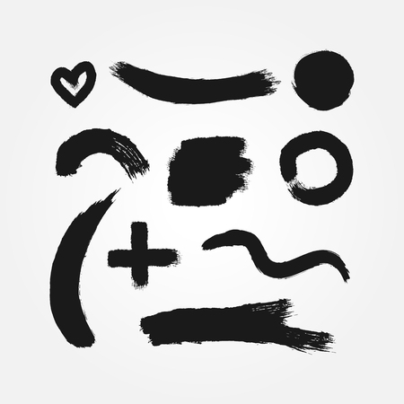 Set of ten different isolated grunge elements. Black curves brush strokes, circles, heart, wave, paint stains. Sketch, ink, brushstrokes. Vector illustration.のイラスト素材