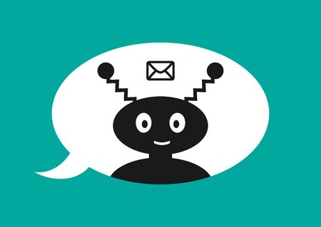 Chatbot symbol. Silhouette of a robot with a smiling face, icon of an envelope, speech bubble background. Vector illustration. Blue, black, white color.のイラスト素材