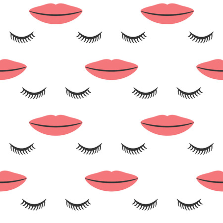 Female lips and closed eyes with long eyelashes. Seamless pattern. Sketch, doodle. Vector illustration. Pink, black, white.のイラスト素材