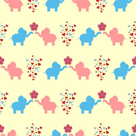 The ornament of a loving couple of elephants, flowers and hearts. Seamless pattern for kids. Vector illustration. Blue, pink, red, brown, light yellow.のイラスト素材