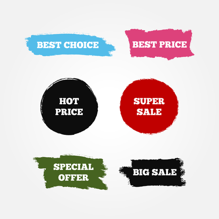 Stickers, logo, signs with text Best Choice, Hot Price, Big Super Sale, Special Offer. Set of six colored isolated symbols. Blue, purple, black, red, green, white colour.のイラスト素材