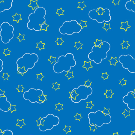Outline of the clouds and the stars. Cartoon seamless pattern for children. Doodle, sketch. Blue, yellow, white color. Vector illustration.のイラスト素材
