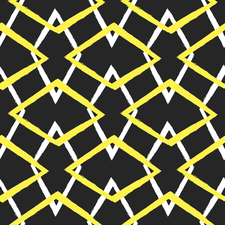 Ornament of intertwined rhombuses. Painted with a rough brush. Seamless pattern. Sketch, graffiti, ink, grunge. Black, yellow, white. Vector illustration.のイラスト素材