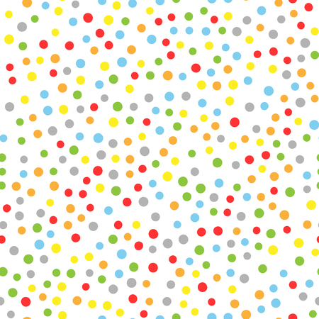 Seamless pattern with colorful round confetti. Polka dot. Drawn by hand. White, yellow, green, orange, blue, gray. Vector illustration.のイラスト素材