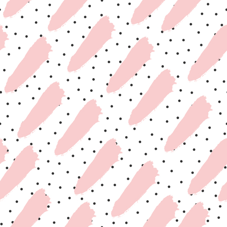Black small dots and pink brush strokes on white background. Abstract seamless pattern. Vector illustration.のイラスト素材