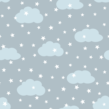 Sky with clouds and stars. Seamless pattern for children. Cartoon vector illustration.のイラスト素材