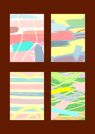 Set of trendy templates for design of artistic backgrounds, cards, covers, flyers. Grunge, watercolour, sketch. Pink, yellow, green, blue colour. Vector illustration.のイラスト素材