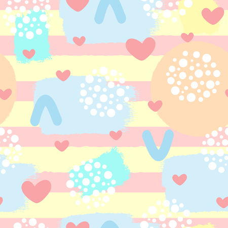 Cute abstract seamless pattern with hearts, brush strokes and geometric shapes. Sketch, grunge. Drawn by hand. Girly vector illustration.のイラスト素材