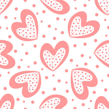 Cute seamless pattern with hearts and round dots. Drawn by hand, sketch, doodle. Girly vector illustration.のイラスト素材