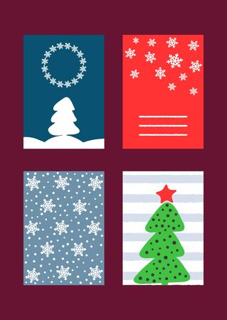 Set of rectangular vertical templates for design of New Year's cards, flyers, backgrounds, covers, posters, banners, prints. Blue, white, red, green color. Drawn by hand. Vector.のイラスト素材