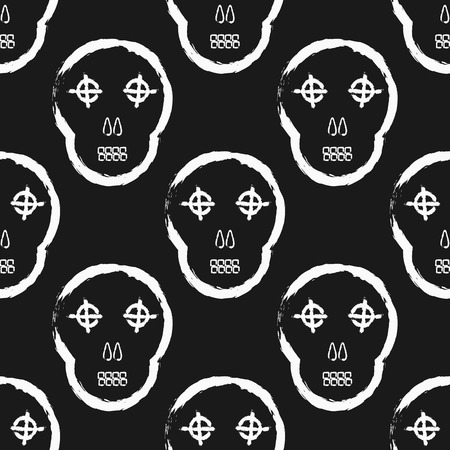 Abstract skull painted by hand with rough brush. Seamless pattern. Grunge, sketch, graffiti, watercolor. Vector illustration. White and black color.のイラスト素材