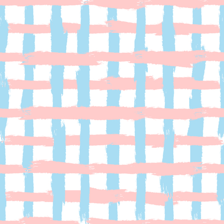 Checkered seamless pattern. Grid drawn on rough brush. Sketch, watercolor, paint. Pink, blue, white color. Vector illustration.のイラスト素材