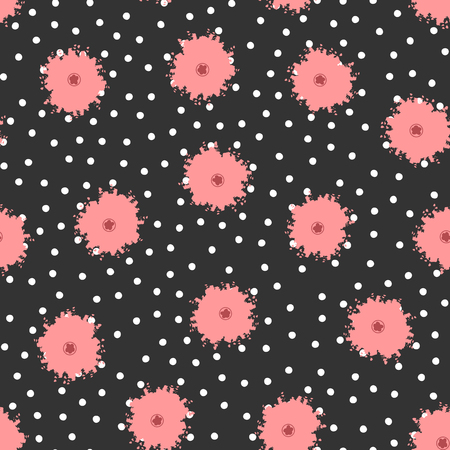 Polka dots and flowers painted with brush. Cute floral seamless pattern. Vector illustration.のイラスト素材