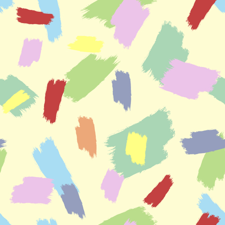 Trendy seamless abstract pattern with brush strokes. Sketch, grunge, watercolor. Yellow, purple, blue, green, red, brown. Vector illustration.のイラスト素材