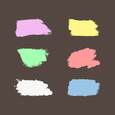 Set of colour brush strokes. Lilac, yellow, green, pink, white, blue brushstrokes isolated on brown background. Grunge, sketch, ink, graffiti, watercolor. Vector illustration.のイラスト素材