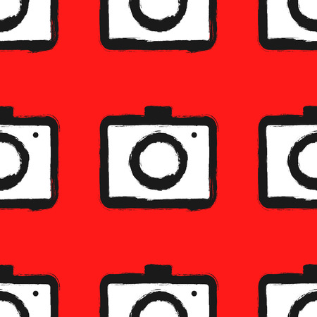 A Seamless pattern with cameras. Painted by hand with rough brush. Grunge, sketch, ink, graffiti, watercolour. Vector illustration. Black, red, white colour.のイラスト素材