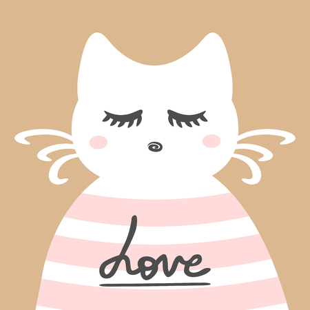 Cute cat with handwritten text love. Print, cover, postcard. Colored vector illustration.のイラスト素材