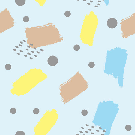Abstract seamless pattern with brush strokes and circles. Modern art. Blue, yellow, brown, dark gray colour. Vector illustration.のイラスト素材