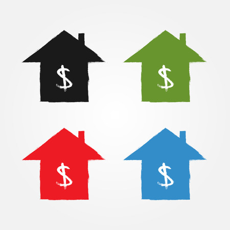 Icon house. Ink, watercolor, sketch, grunge. Black, green, red, blue symbols with white dollar silhouette. Vector illustration.のイラスト素材