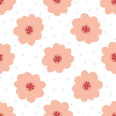 Simple floral seamless pattern. Cute flowers on background with round dots. Vector illustration.のイラスト素材