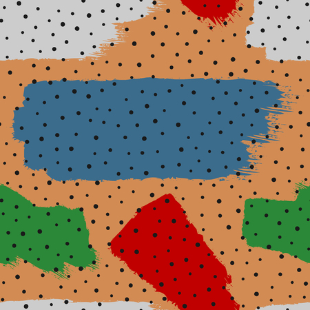 Modern borderless pattern with brush strokes and polka dots in grunge, sketch, watercolor, graffiti composed of blue, red, green, gray, brown, and black colors.のイラスト素材