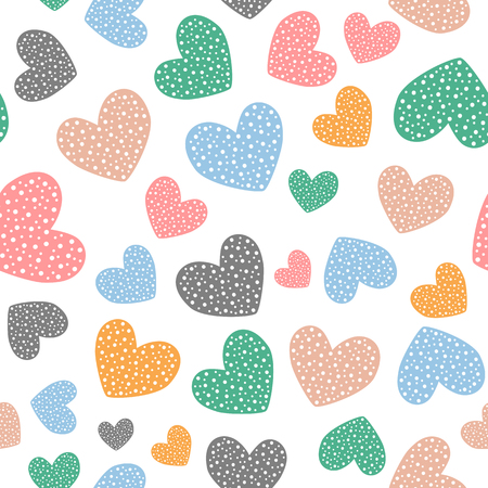 Romantic seamless pattern with cute colored hearts. Drawn by hand Vector illustration.のイラスト素材