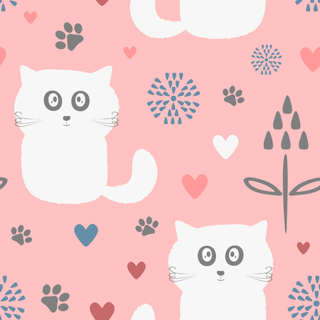 Cute seamless pattern with funny cats, flowers, hearts and paw prints. Drawn by hand. Endless vector illustration for children.のイラスト素材