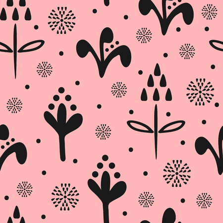 Cute floral seamless pattern drawn by hand. Repeated abstract black silhouettes of flowers on pink background. Sketch, doodle. Endless girly vector illustration.のイラスト素材