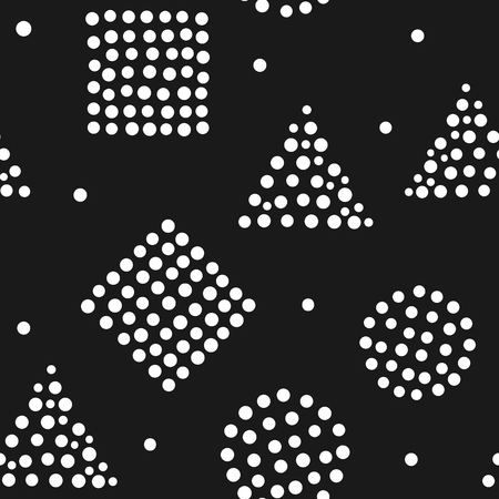 Trendy seamless pattern. White geometric shapes on black background. Modern vector illustration.のイラスト素材