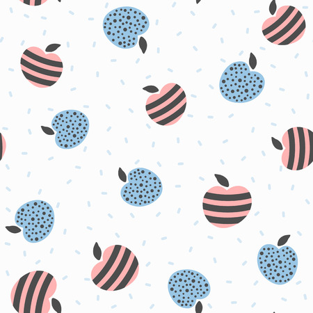 Seamless pattern with apples. Cute endless print for children. Drawn by hand, doodle. Vector illustration. Gray, blue, pink, black.のイラスト素材