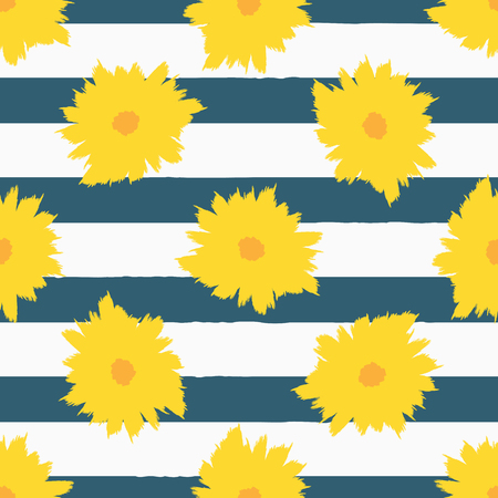 Abstract flowers on striped background. Stylish floral seamless pattern. Painted by hand with rough brush. Feminine print. Vector illustration.のイラスト素材