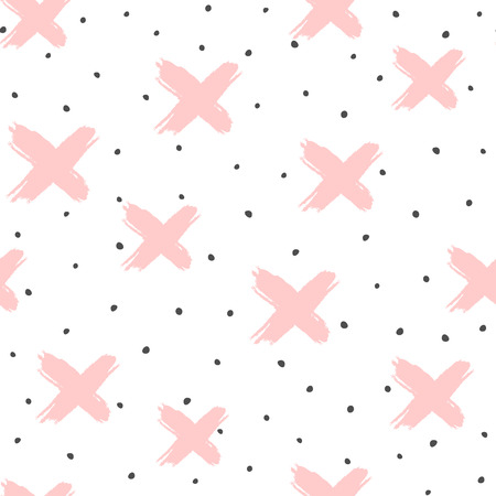 Seamless pattern with crosses and irregular polka dots. Grunge, sketch, graffiti, watercolour, paint. Endless trendy print. Modern vector illustration.のイラスト素材